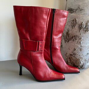 Sz 8.5 Revel Made In Italy Red Leather Mid Calf Heeled Boots